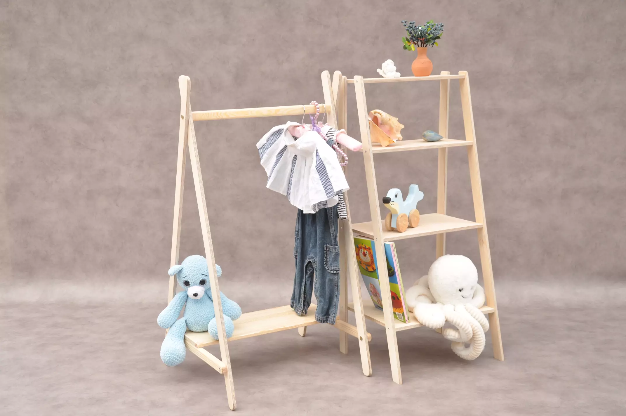 Montessori bookcase and toy storage ladder shelf closet and Tipi children's clothes rail wardrobe set by Barin Toys available to order online at BarinToys.co.uk - low-cost, reliable and smart nursery organization solutions.