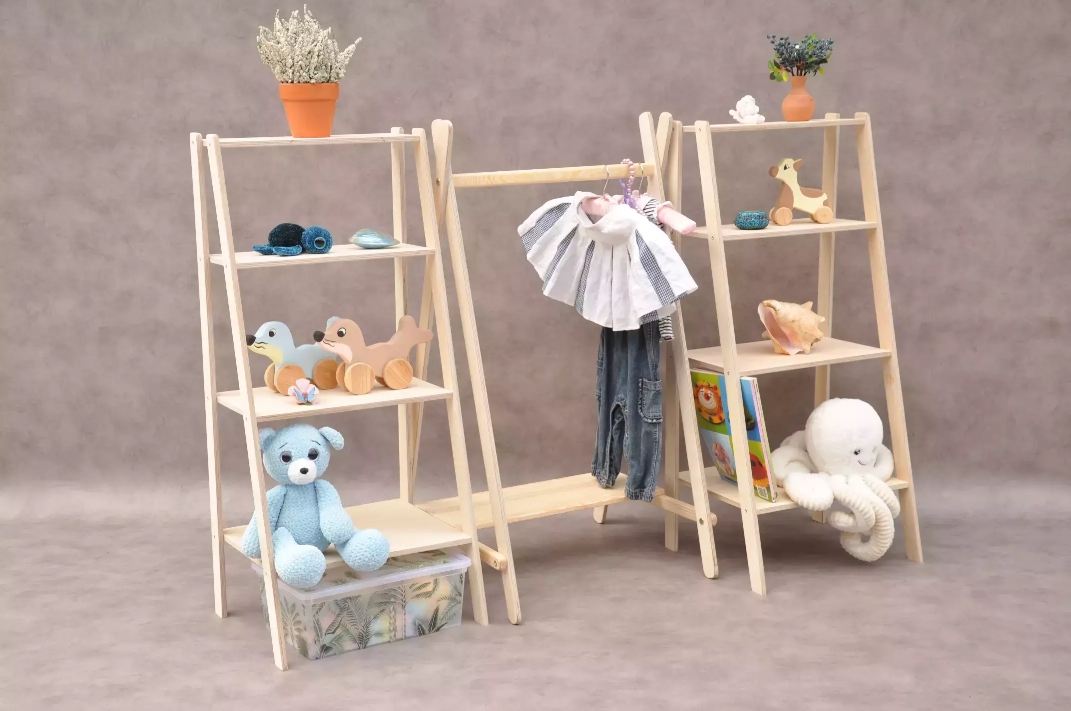 Montessori wardrobe rail Tipi and two display ladder shelves children's wardrobe sets available to order online at BarinToys.co.uk with UK free delivery.