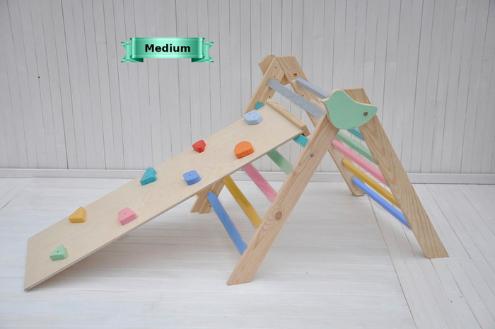 Toddler climbing triangle and slide indoor playground for active play time of your Montessori toddler: Play with Colors