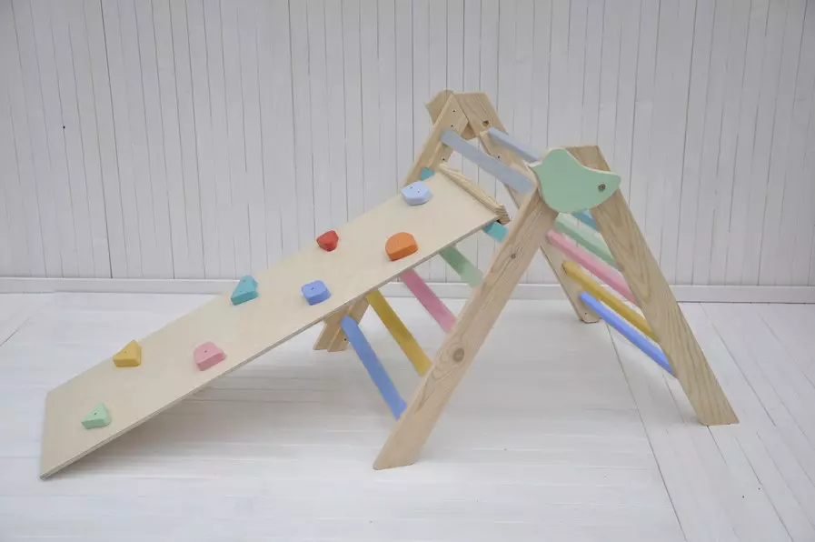 Toddler climbing triangle "Tiny Bird Colorful Splash" climbing frame and Rocks Advanced Climber board and slide activity gym