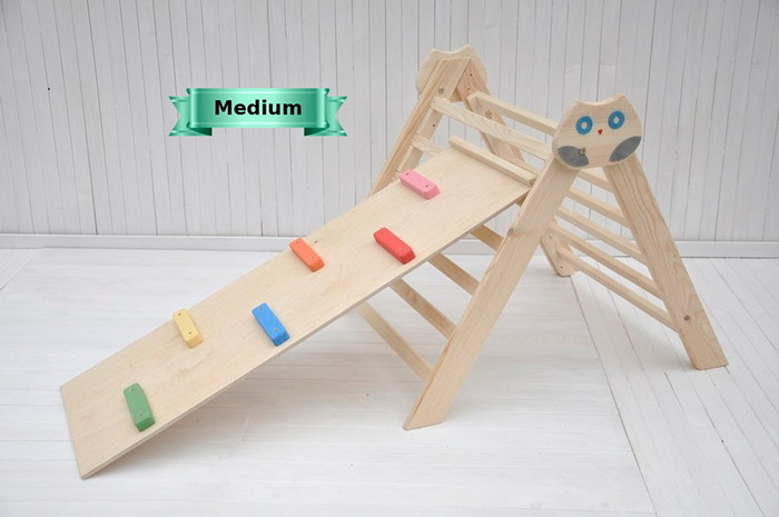 Baby climbing gym with Beginner's board slide for your Montessory Baby Pikler nursery playroom.