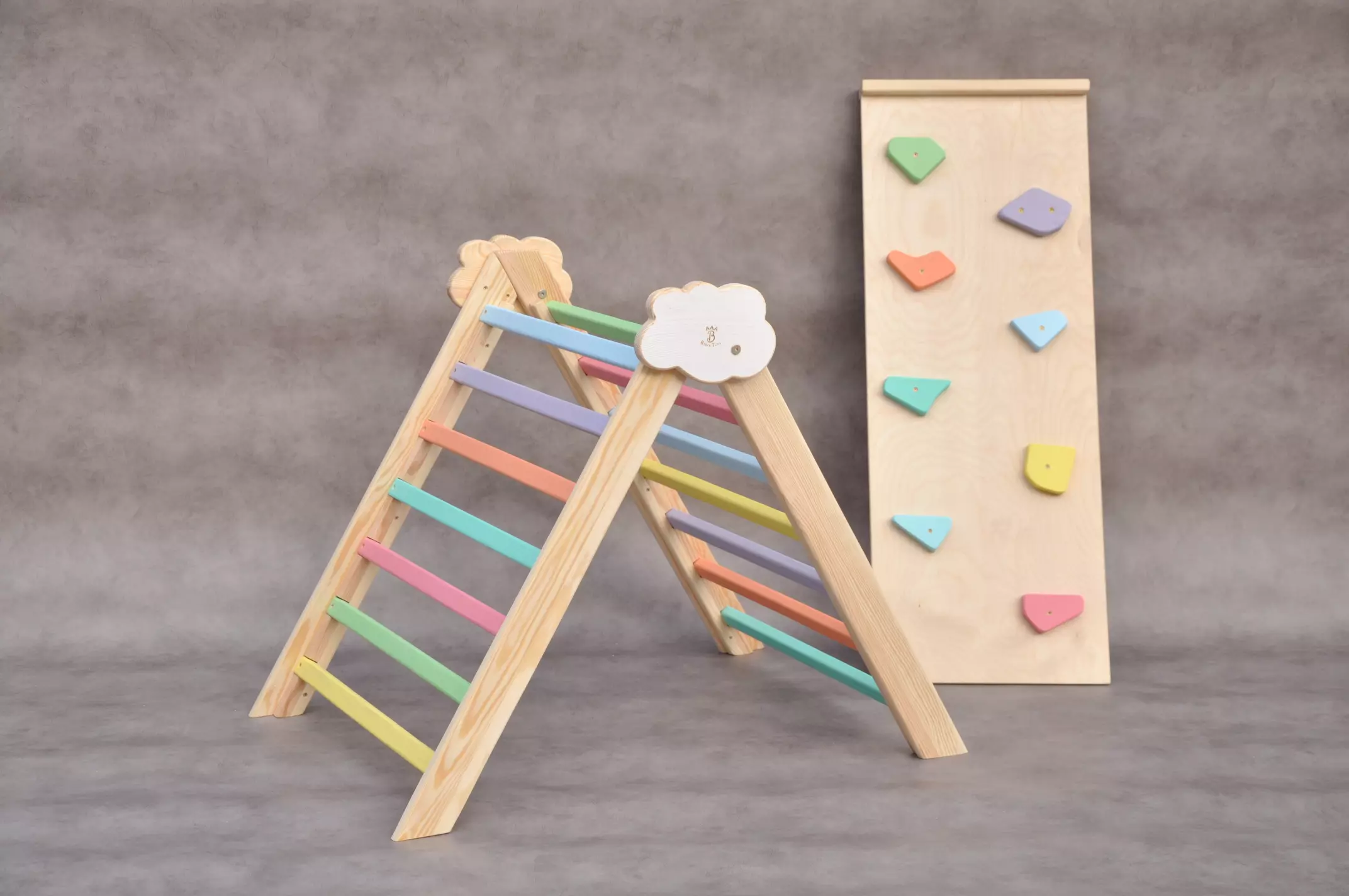 Barin Toys Cloud big pikler triangle set with slide in rainbow colors - special edition - look for details online at Barin Toys uk store.