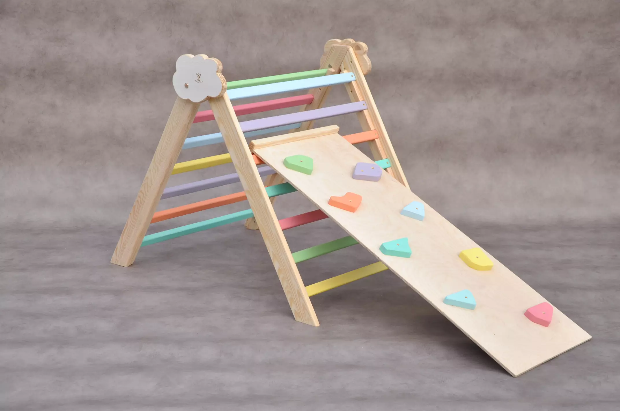 Pikler triangle set with slide by Barin Toys brand in rainbow colors - special edition - look for details online at Barin Toys uk store.