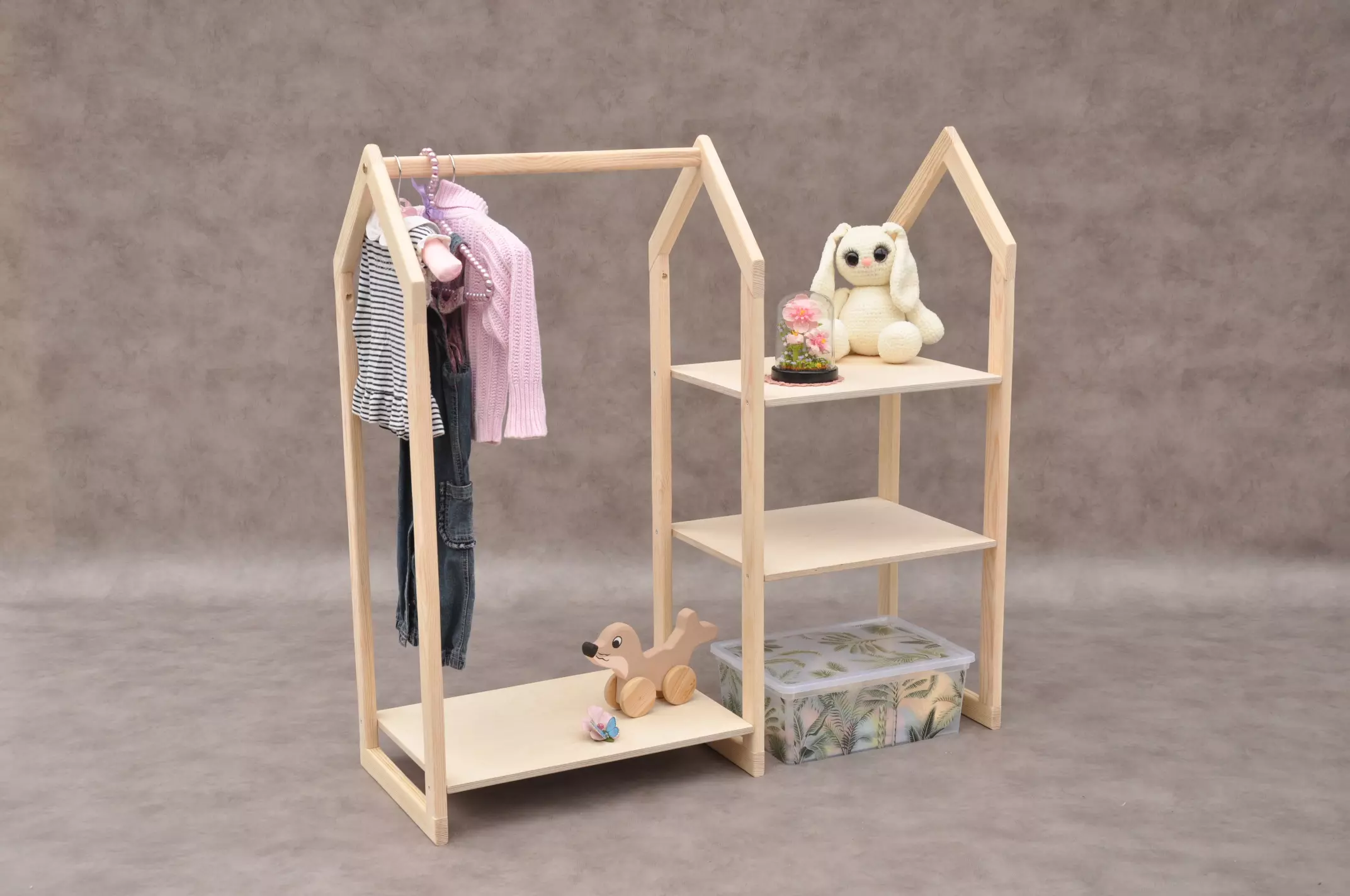 Childrens dress up rail with shelves House Barin Toys small clothes rail, natural wooden rack for nursery.