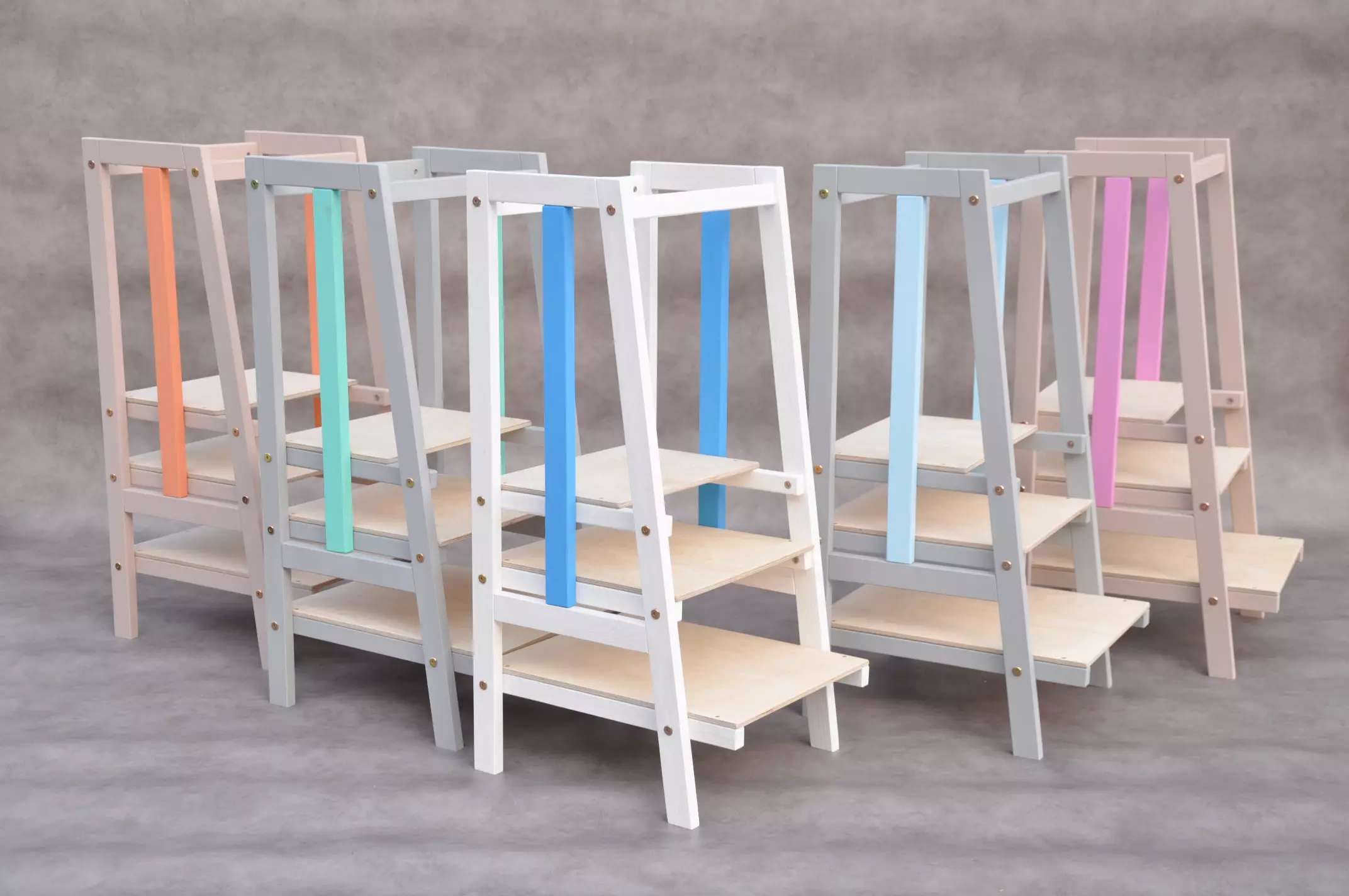 Kitchen helper tower Stripe kitchen step stool and Montessori toddler helper in modern design developed by Barin Toys brand company.