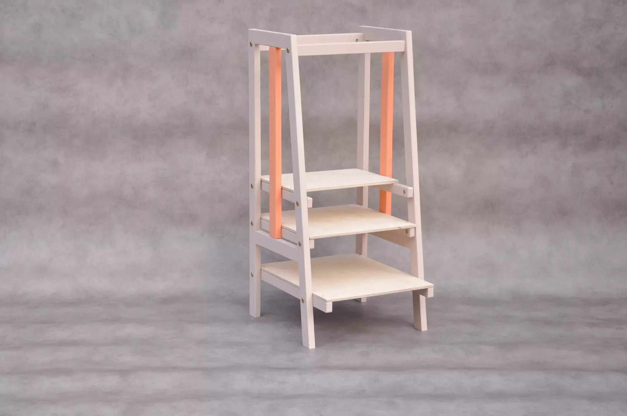 Montessori kitchen helper Barin Toys toddler step stool Stripe Bisque & Mandarin toddler cooking learning tower for sale at Barin Toys toy shop online with free delivery across UK.