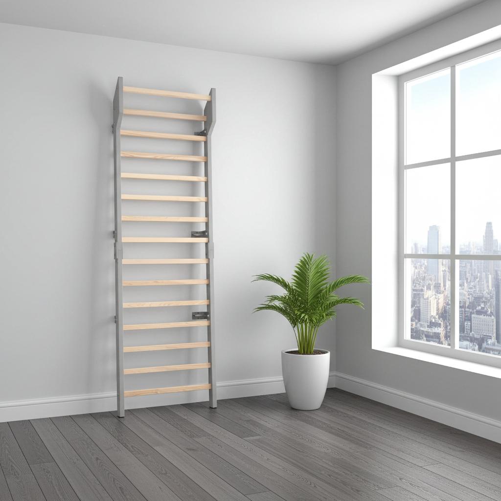 Ash Grey Swedish ladder wall bars made of solid ash wood, mounted indoors as home fitness and physiotherapy equipment.