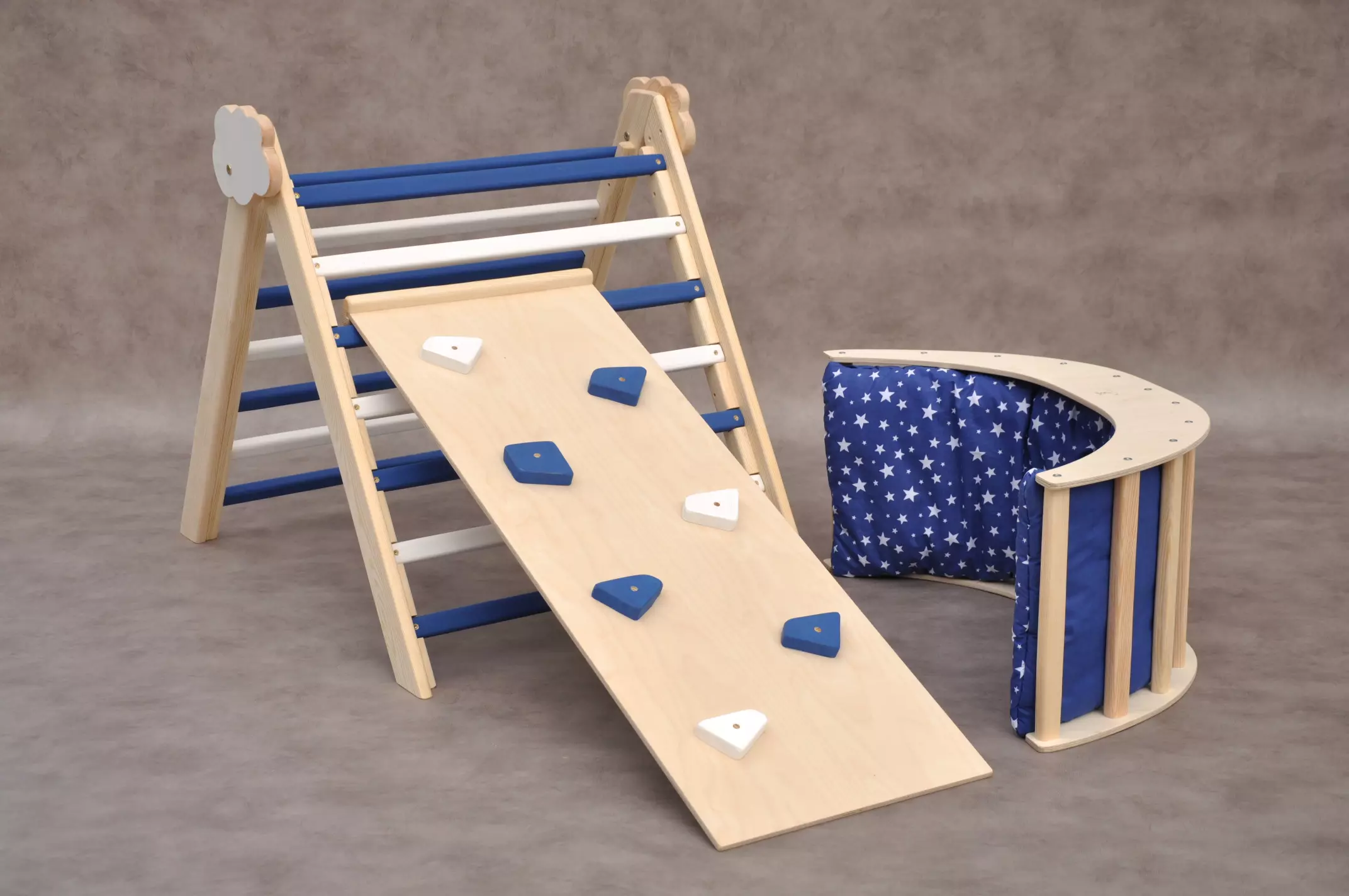 Indoor climbing frame Barin Toys Nautical Cloud marine blue montessori arch pikler with pillow to order online at Barin Toys UK toys store with free delivery.