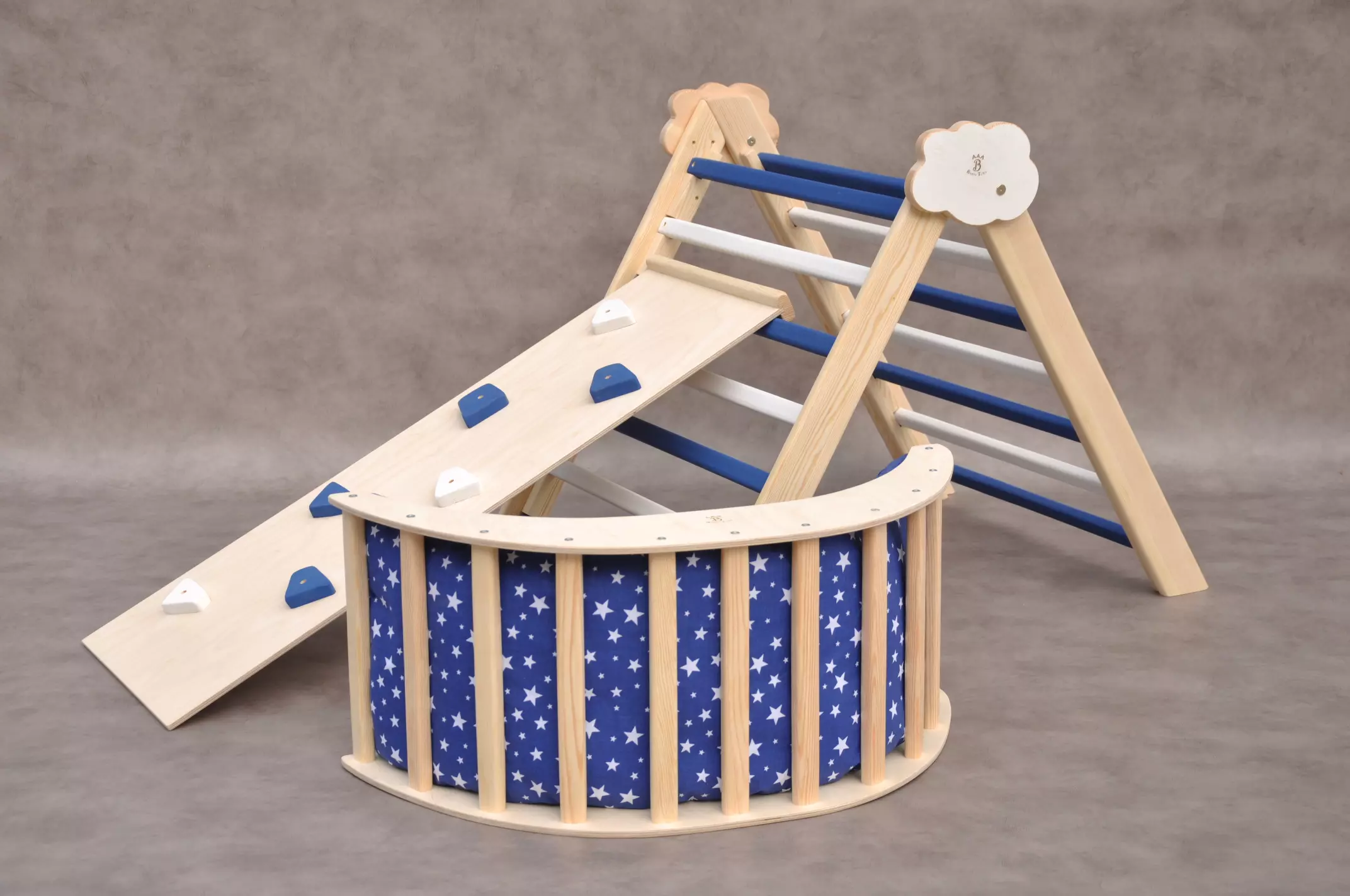 Montessori wooden toys - Pikler triangle & baby arch by Barin Toys - Nautical Cloud baby climber gym and climbing arch with a pillow. Hand selected unfinished wooden climbing frame with navy blue and white color steps. 2025 year new special edition of Bar