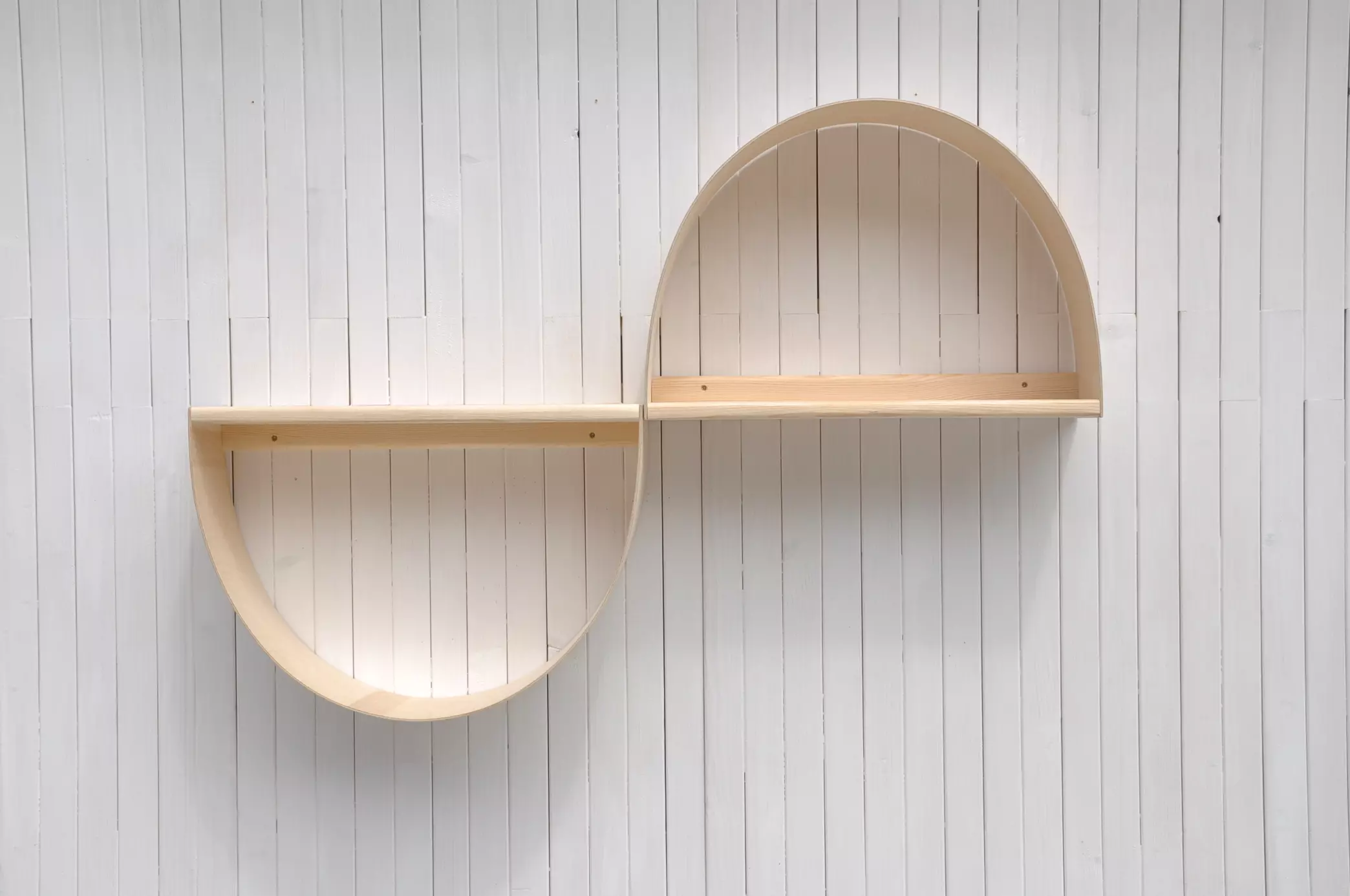 Shelves for bedroom: modern and unique, arched shelf, long and deep floating wall hanging wooden shelves - it's Barin Toys Infinity love shelf, order online at BarinToys.co.uk store with UK free shipping.