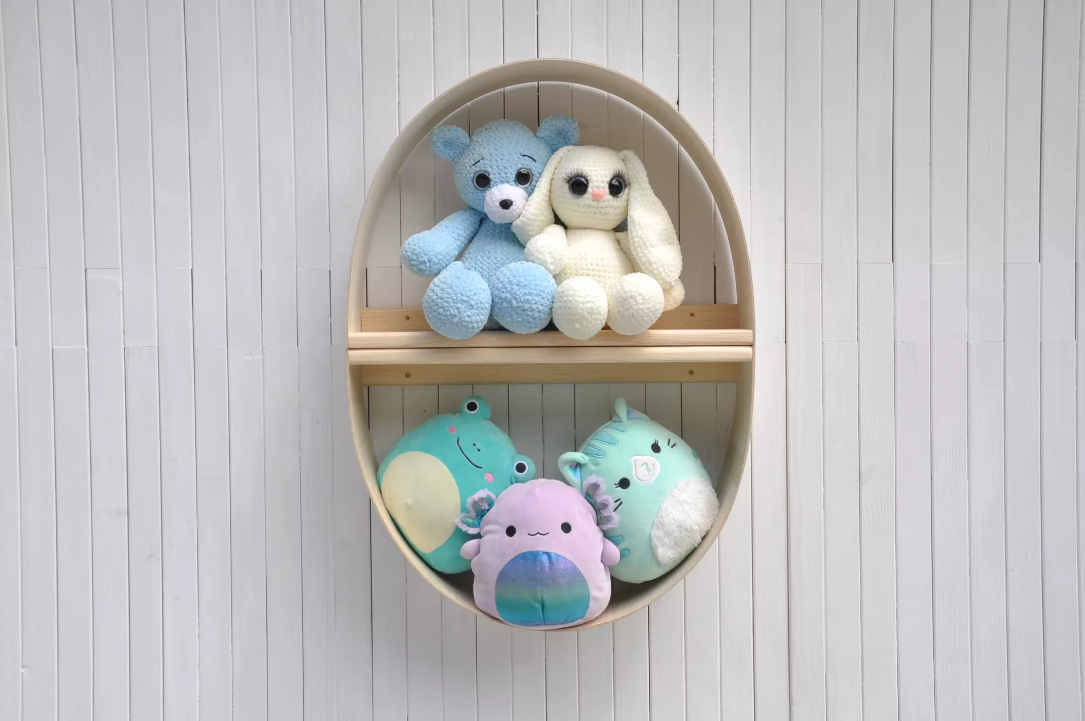 Circle wall shelf Egg by Barin Toys - arched pine and plywood shelves, suitable as a decorative shelves for a bedroom and living room, perfect mum to be gifts for a nursery, baby room plush toys shelves and Easter celebration.