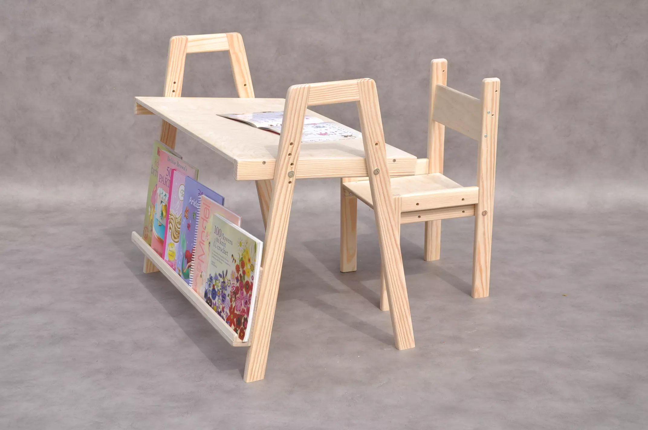 Children's Montessori desk and chair set with bookshelf for toddlers by Barin Toys