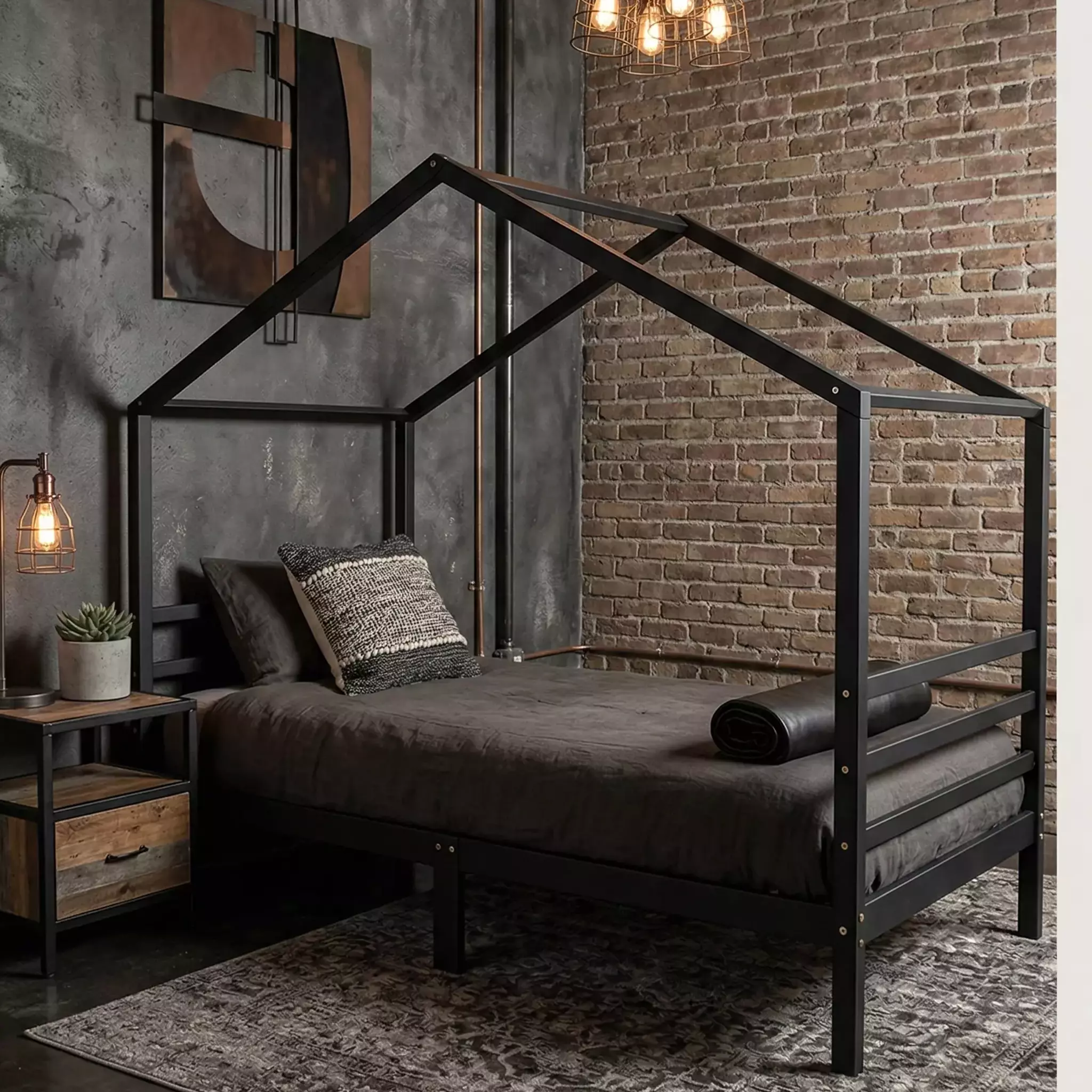 Black Loft solid wood house bed 90x200 in deep black finish, Barin Toys Teenage Hut Collection