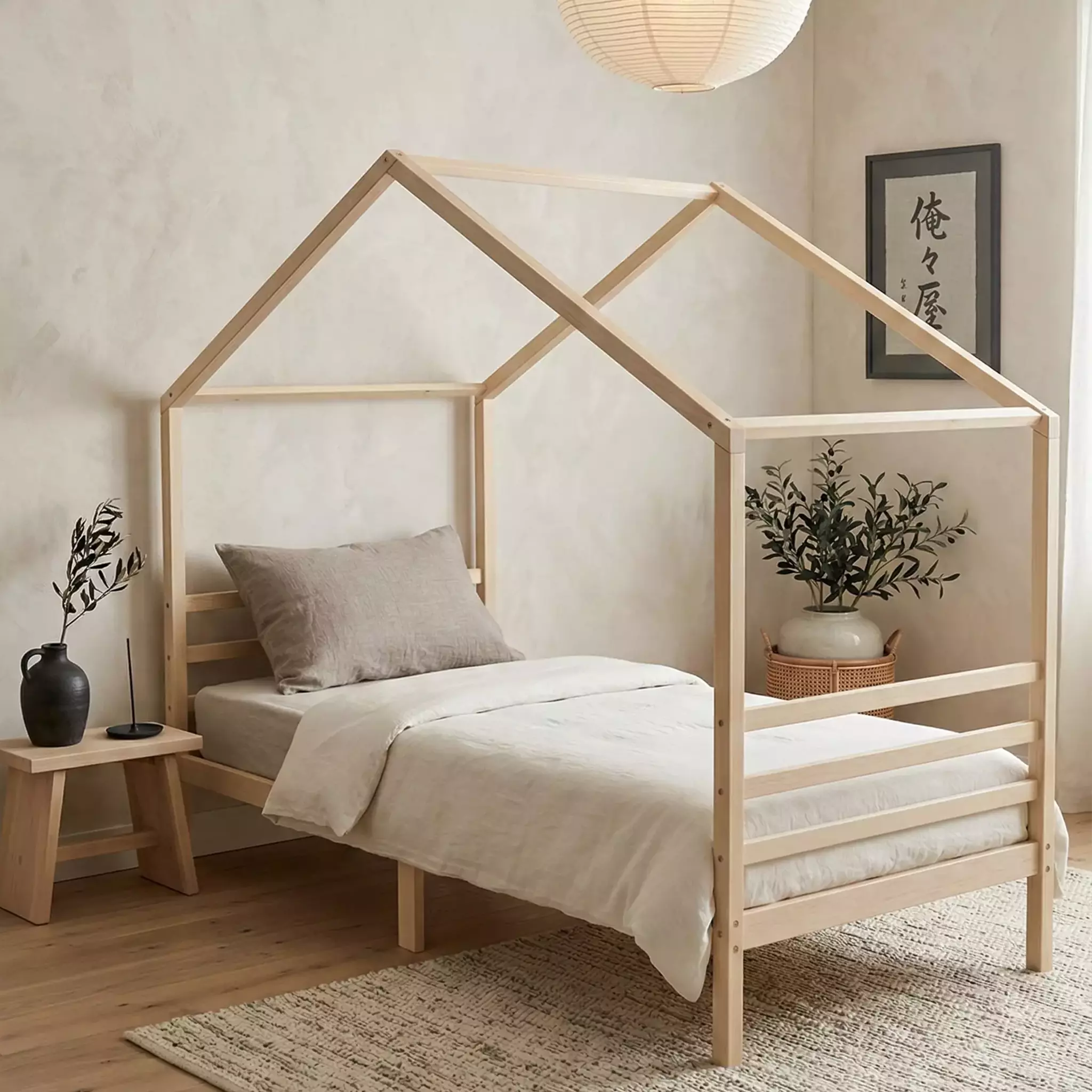 Teenage hut Barin Toys Collection Nordic Nature natural solid wood house bed in fawn beige timber finish 90x200